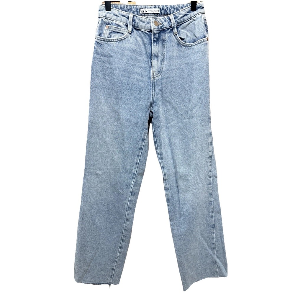 Zara Jeans Womens 4 Blue Straight Leg Raw Hem High Waist Denim Casual Classic